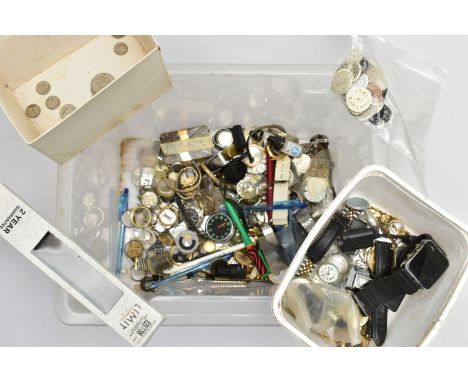 A BOX OF VINTAGE WATCH PARTS, DIALS AND CASES, to include names such as 'Sekonda, Smiths, Lorus, Rubens, Northfield, Ingersol