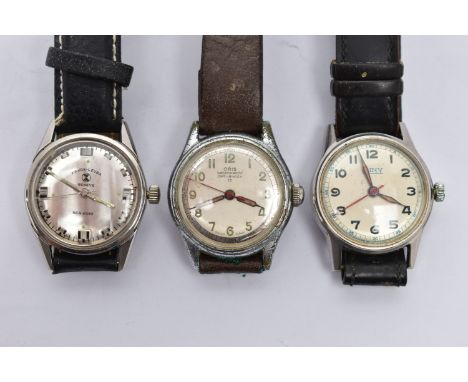 THREE VINTAGE HAND WOUND WRISTWATCHES ON STRAPS, to include a Favre-Leuba Sea-King, silver mirrored dial with patterned marke