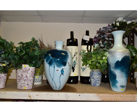 A GROUP OF LARGE ORNAMENTS, VASES AND ARTIFICIAL PLANTS, to include twelve modern vases and planters, two matching cream and 