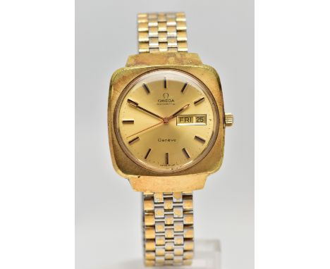 A 1970'S 'OMEGA AUTOMATIC GENEVE' GOLD PLATED WRISTWATCH, the gold tone circular dial, signed 'Omega Automatic, Geneve', with