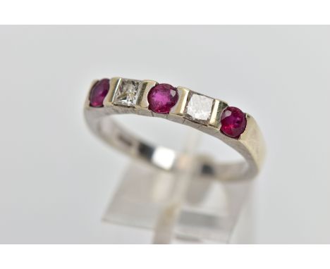 A 9CT WHITE GOLD RUBY AND DIAMOND RING, half eternity ring set with three circular cut rubies, interspaced with two princess 