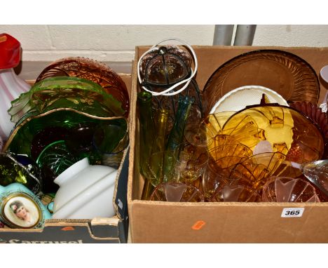 TWO BOXES OF ASSORTED 19TH AND 20TH CENTURY COLOURED AND CLEAR GLASSWARE, including a quantity of pressed glass bowls, dishes