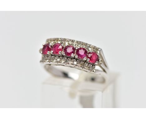 A WHITE METAL RUBY AND DIAMOND DRESS RING, designed as three rows, the central row set with five circular mixed cut rubies, t