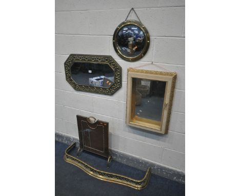 A PRESSED BRASS BEVELLED EDGE WALL MIRROR 74cm x 44cm, along with a brass circular convex wall mirror, a collector shelf with