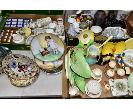 THREE BOXES AND LOOSE ASSORTED CERAMICS ETC, to include Carlton Ware and Falcon Ware leaf plates, Carlton Ware mushroom cruet