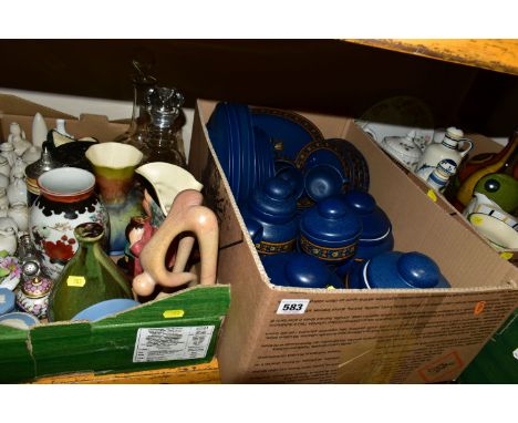 THREE BOXES OF CERAMICS, DINNERWARE AND TEA SETS, to include two glass decanters, five pieces of Wedgwood Jasperware, Tobi ju