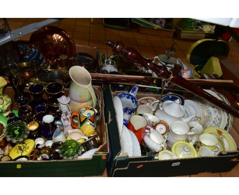 FOUR BOXES AND LOOSE CERAMICS, KITCHENALIA, METALWARES AND SUNDRY ITEMS, to include a ten piece Grindley 1930s tea set, Royal