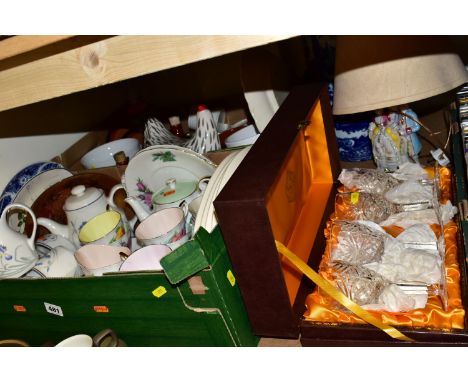 TWO BOXES  OF ASSORTED CERAMICS, GLASSWARE AND OVENWARE, to include a Royal Standard 'World Famous Roses' Prelude by Harry Wh