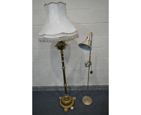 A LATE 19TH CENTURY IMPROVED LAMPE BELGE BRASS STANDARD LAMP, the top converted from an oil lamp, the base with beaten floral
