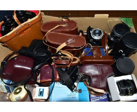 A BOX OF PHOTOGRAPHIC EQUIPMENT ETC, to include a Cosina CSL 35mm SLR film camera fitted with a 50mm f1.7 lens, a Cosina CSM 