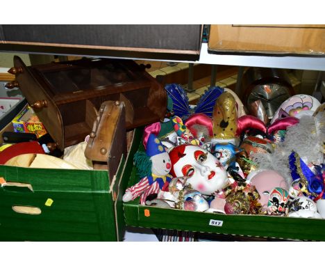 TWO BOXES AND LOOSE MANTEL CLOCK, DECORATIVE MASKS, DISPLAY CASE AND SUNDRY ITEMS, to include a twentieth century wooden case