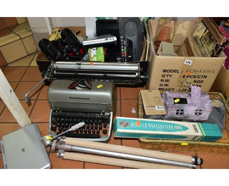TWO BOXES AND LOOSE TYPEWRITER, ELECTRICAL AND SUNDRY ITEMS, to include a Remington typewriter, a Bilora Stabilo-Stativ 1115 