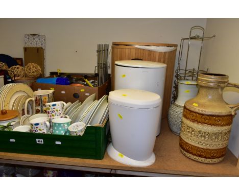 FOUR BOXES OF CERAMICS, ORNAMENTS AND HOUSEHOLD SUNDRY ITEMS, to include a large ceramic vase, height 33cm, Scheurich 489-39 