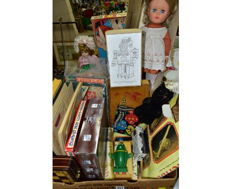 A QUANTITY OF ASSORTED TOYS, GAMES AND DOLLS ETC., to include Palitoy walking and talking doll (voice not working), boxed Cha