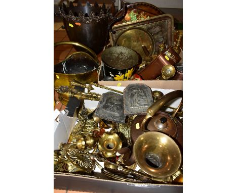 TWO BOXES OF BRASS AND COPPER AND LOOSE ITEMS, to include a small brass coal bucket, rectangle copper planter, copper kettle,