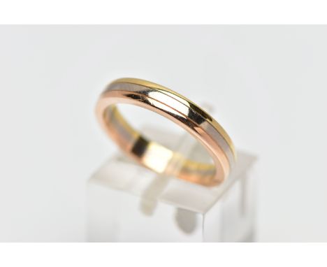A CARTIER 'TRINITY' RING, designed as a yellow, white and rose plain polished band, signed and numbered Cartier H13372, stamp