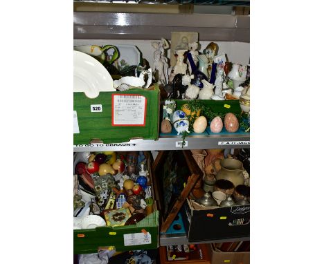 FOUR BOXES AND LOOSE CERAMICS AND SUNDRY ITEMS, to include a small collection of decorative eggs in ceramic, stone and other 