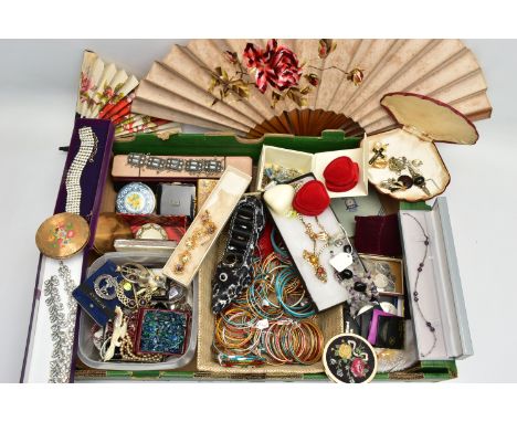 A BOX OF ASSORTED COSTUME JEWELLERY AND ITEMS, to include a Scottish grouse foot brooch set with an orange paste, two Scottis