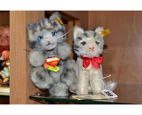 TWO STEIFF KITTENS, comprising a mohair seated 'Susi', yellow ear tag, serial number 031748, tags attached, height 14.5cm and