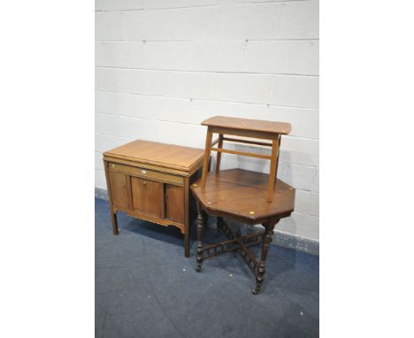 AN EARLY 20TH CENTURY GRAMOPHONE CABINET, containing a selection of sewing accessories, width 82cm x depth 49cm x height 86cm