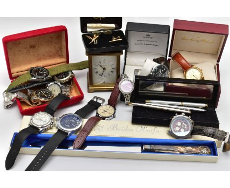 A BOX OF AF WRISTWATCHES, A CARRIAGE CLOCK AND OTHER ITEMS, to include various AF wristwatches, a 'Bayard' carriage clock, a 