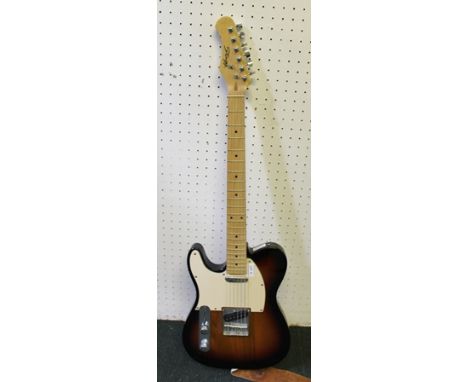 A&nbsp;LEFT HANDED "STAGG" BRANDED SUNBURST FINISHED TELECASTER DESIGN 6-STRING GUITAR, with strap 