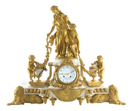 A NAPOLEON III ORMOLU-MOUNTED MARBLE MANTEL CLOCK, RAINGO FRERES, PARIS, CIRCA 1870 modelled as a pair of maidens holding out