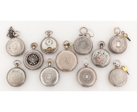 A GROUP OF 11 SILVER HUNTING POCKET WATCHES FOR SWISS IMPORT, VARIOUS MAKERS, INCLUDING CHOPARD AND PAVEL BUHRE, CIRCA 1900 c