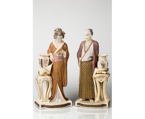 AN ENGLISH PORCELAIN AND ENAMEL PAIR OF FIGURES OF A JAPANESE MAN AND WOMAN AFTER JAMES HADLEY (BRITISH 19TH CENTURY), WORCES