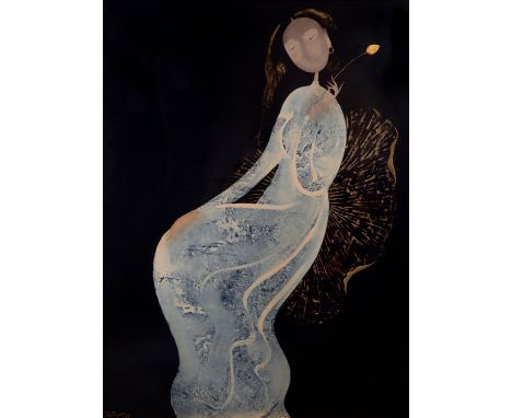 DINH QUAN (VIETNAMESE B. 1964) Seated Woman with Lotus Flower, 2004 lacquer and gold foil on panel 123 x 90.7 cm (48 3/8 x 35