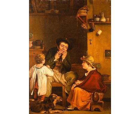 AFTER SIR DAVID WILKIE (BRITISH 1785-1841) Man Playing a Mouth Harp with Two Children and a Dog in an Interior,  oil on panel