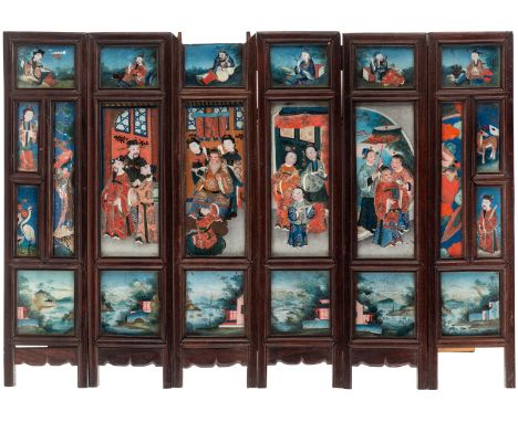 A CHINESE SIX-PANEL SCREEN DEPICTING THE TALE OF GENJI, LATE QING DYNASTY comprising 22 pieces of painted glass set in wooden