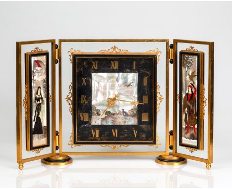 A FRENCH DESK CLOCK WITH MOTHER-OF-PEARL, ORMOLU AND GLASS FRAME AFTER LEV SCHULTZ (RUSSIAN-FRENCH 1897-1970), EARLY 20TH CEN