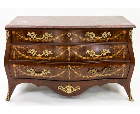A MARQUETRY COMMODE WITH GRANITE TOP, EARLY 20TH CENTURY of bombe form, with red granite top; overall dimensions: 83.5 (h) x 