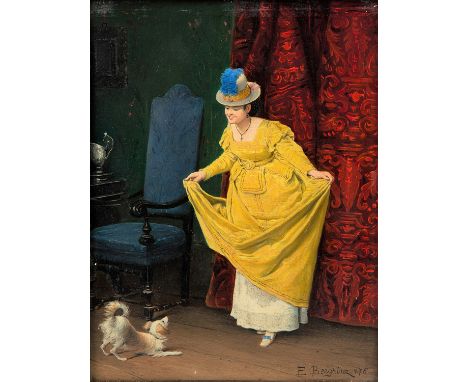 E. BERGHINZ (GERMAN 19TH CENTURY) Curtsy, 1876 oil on panel 23 x 18.2 cm (9 x 7 1/8 in.)  signed and dated lower right   