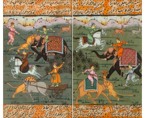 A PAIR OF MUGHAL INDIAN MINIATURES WITH HUNTING SCENES, 19TH CENTURY ,  pigment on paper image size of each: 17.5 x 10 cm (6 