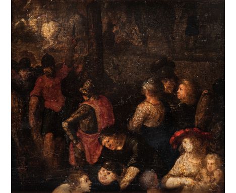 FOLLOWER OF PIETER BRUEGHEL II (FLEMISH 1564-1636) Soldiers (fragment, possibly from a Crucifixion),  oil on panel 23 x 26.5 