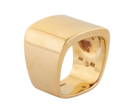 A TIFFANY &amp; CO. 18K YELLOW GOLD SQUARE RING of squared form with tapering shoulders, marked with 18K and 750 standards, T