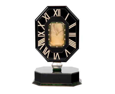 A CARTIER CITRINE, ONYX, CHRYSOPRASE, SILVER AND DIAMOND 'MYSTERY CLOCK', CASE NO. 201207, CIRCA 1970Swith manual movement, f