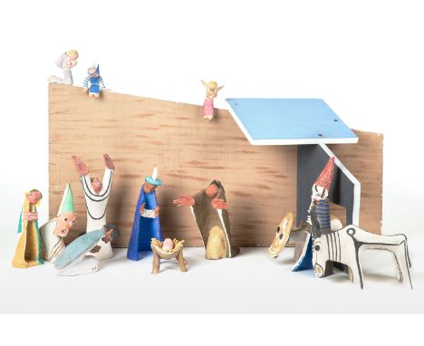 JEAN LAMBERT-RUCKI (POLISH 1888-1967) The Nativity,  painted ceramic with painted plywood stable set    comprising:a) the inf