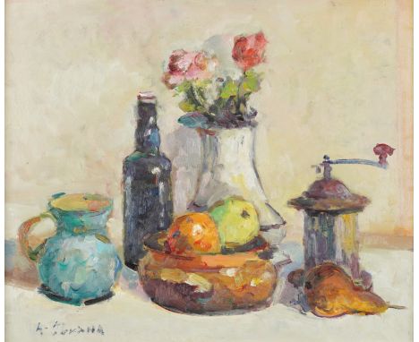 ANTONIO SBRANA (ITALIAN, B. 1934)Still life of fruit in a bowl, a coffee grinder and other items
signed 'A Sbrana' (lower lef