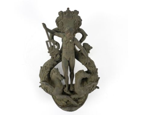 A LARGE BRONZE DOOR KNOCKER MODELLED AS THE SEA GOD NEPTUNE19th Century  Modelled with trident, flanked by two hippocampi, wi