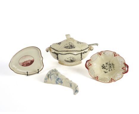 A CREAMWARE SHAPED OVAL SOUP TUREEN, COVER AND A MATCHING LADLE (6)Late 18th century
Printed in black with bird vignettes ins