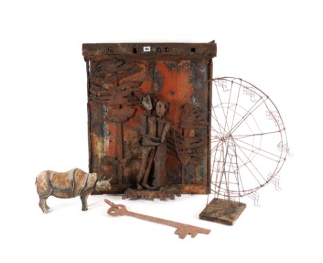 OF FOLK ART INTEREST: A SHEET METAL FIGURAL GROUP TOGETHER WITH A WIRE FERRIS WHEEL, A CUT-OUT IRON KEY DISPLAY SIGN AND A PA