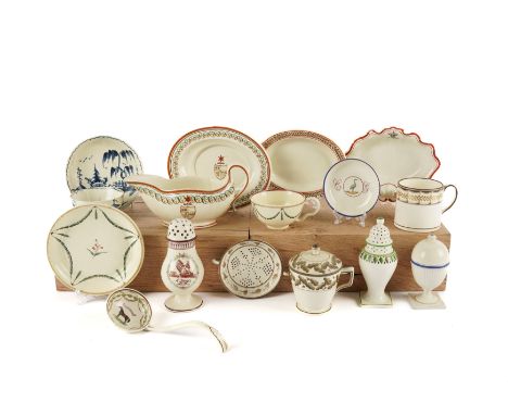 A COLLECTION OF ENAMELLED CREAMWARE (18)Late 18th century
Comprising: a sauce ladle painted with the race horse, `High Flyer'