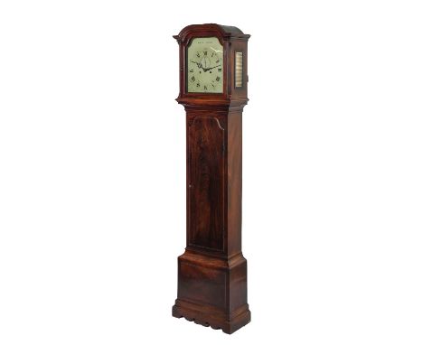 A LATE GEORGE III MAHOGANY LONGCASE CLOCKThe associated movement detailed HALEY, LONDON The hood with a shallow arch, above g