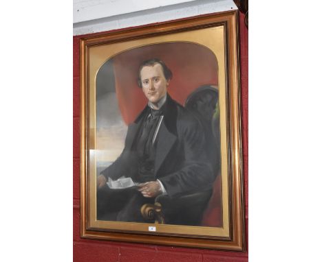 English School (mid-19th century)Portrait of a Gentleman, three-quarter length, seated on a spoon back armchair, wearing stif