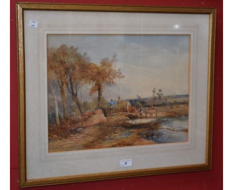 English School (19th century) Rural Idyll, Fishing, Horse and Cart, Cattle Grazingwatercolour, 34cm x 46cm, inscribed to vers