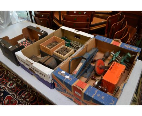 Tools - files, spanners, vice, John Bull micrometer, cased; other measures and gauges (3 boxes)
