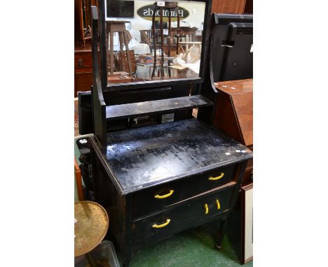 A pained pine dresser, swing mirror and shelf to top, two drawers to base, tapering cylindrical legs, ceramic casters, circa 